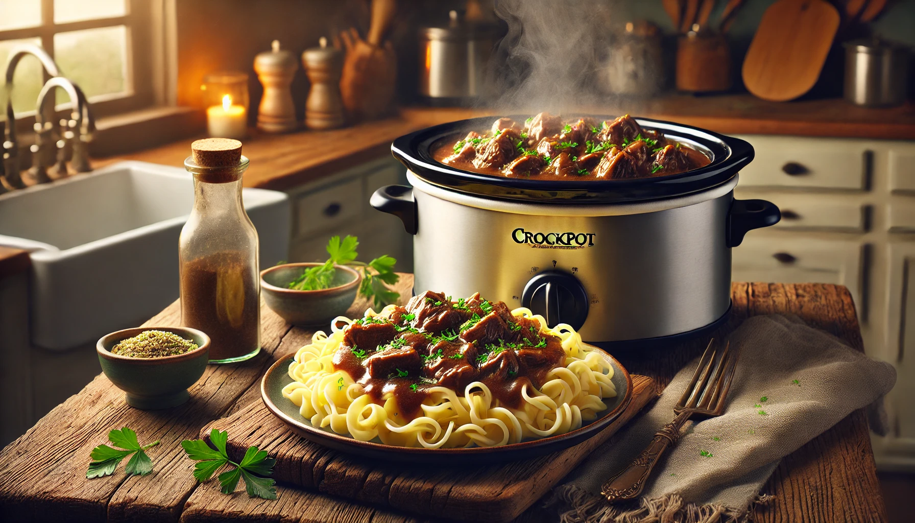 Crockpot beef tips & noodles